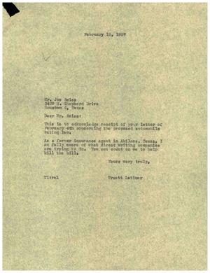 [Letter from Truett Latimer to Joe Reiss, February 12, 1957]