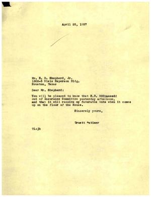 [Letter from Truett Latimer to E. D. Shepherd, Jr., April 25, 1957]