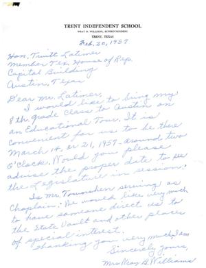 [Letter from Wray B. Williams to Truett Latimer, February 20, 1957]