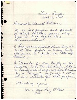 [Letter from Mr. and Mrs. Ray O'Bar to Truett Latimer, February 5, 1957]