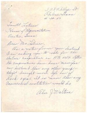 [Letter from Alice J. Walters to Truett Latimer, April 27, 1957]