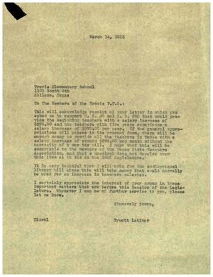 [Letter from Truett Latimer to Travis Elementary School PTA, March 14, 1955]