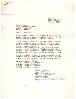 [Letter from Mrs. L. D. Pearson to Truett Latimer, February 16, 1957]