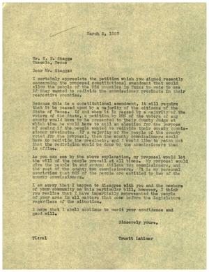 [Letter from Truett Latimer to E. E. Staggs, March 5, 1957]