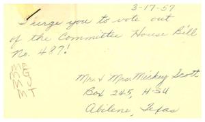 [Postcard from Mr. and Mrs. Mickey Scott to Truett Latimer, March 17, 1957]