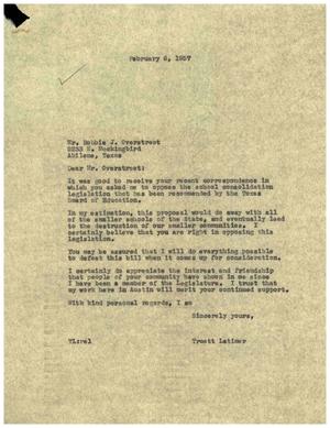 [Letter from Truett Latimer to Robbie J. Overstreet, February 6, 1957]