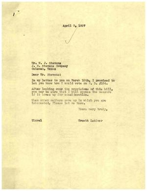 [Letter from Truett Latimer to W. J. Stevens, April 9, 1957]