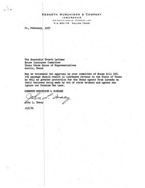 [Letter from John L. Tracy to Truett Latimer, February 21, 1957]