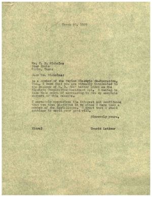[Letter from Truett Latimer to H. E. Nicholas, March 20, 1957]