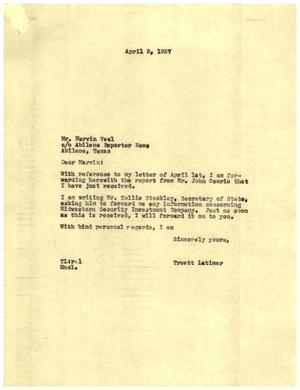 [Letter from Truett Latimer to Marvin Veal, April 9, 1957]