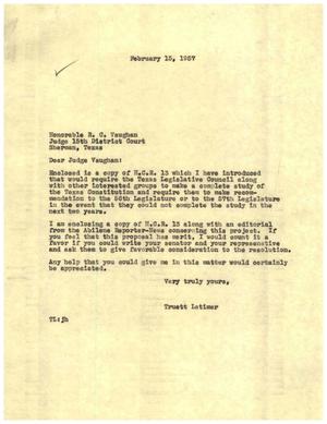 [Letter from Truett Latimer to R. C. Vaughan, February 15, 1957]