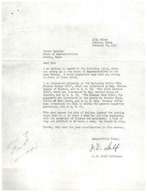 [Letter from J. D. Self to Truett Latimer, February 10, 1957]