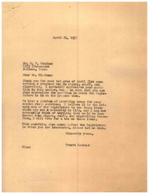 [Letter from Truett Latimer to B. F. Windham, April 21, 1955]