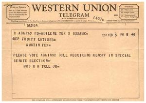 [Telegram from Mrs. R. H. Tull Jr. to Truett Latimer, February 5, 1957]