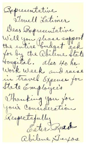 [Postcard from Ester Read to Truett Latimer, January 13, 1957]