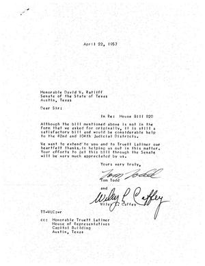 [Letter from Tom Todd and Wiley L. Caffey to Truett Latimer, April 22, 1957]
