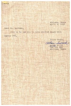 [Letter from Alton Smith to Truett Latimer, April 4, 1957]