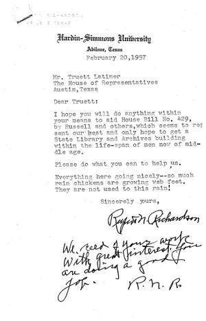 [Letter from Rupert N. Richardson to Truett Latimer, February 20, 1957]
