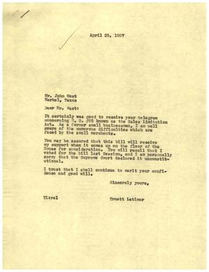 [Letter from Truett Latimer to John West}, April 25, 1957]