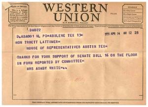 [Telegram from Mrs. Ashby White, April 14, 1955]