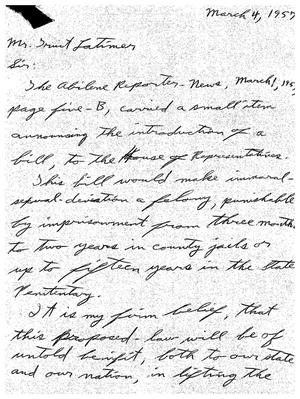 [Letter from Tommie E. Paris to Truett Latimer, March 4, 1957]