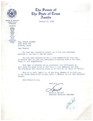 [Letter from David W. Ratliff to Truett Latimer, January 15, 1958]