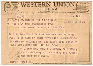 [Telegram from H. L. Skinner, Harvey L. Hayes, Cy Newman, Andy Anderson, Rich Keeble, Bob Porter, and Woodrow W. Allen, March 11, 1957]