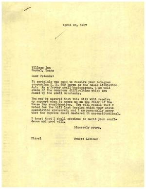 [Letter from Truett Latimer to the Merkel Village Inn, April 25, 1957]
