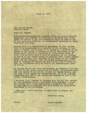 [Letter from Truett Latimer to Lorena Vaughn, March, 6, 1957]