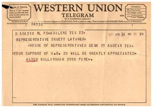 [Telegram from Alton Willingham, April 23,1957]