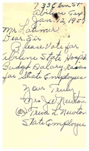 [Letter from Mrs. J. W. Newton to Truett Latimer, January 12, 1957]