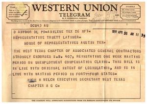 [Telegram from Hugh H. Welch to Truett Latimer, April 26, 1957]