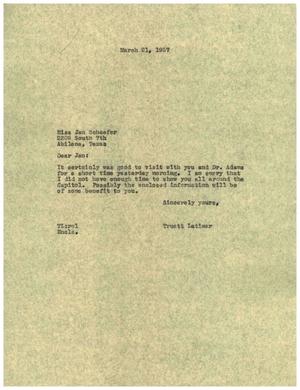 [Letter from Truett Latimer to Jan Schaefer, March 21, 1957]