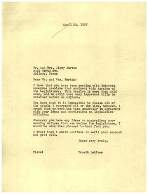 [Letter from Truett Latimer to Mr. and Mrs. Jimmy Partin, April 23, 1957]