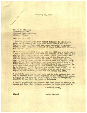 [Letter from Truett Latimer to C. G. Whitten, February 14, 1957]