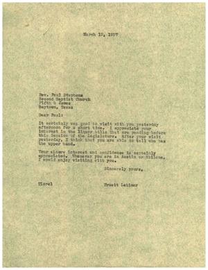 [Letter from Truett Latimer to Paul Stevens, March 19, 1957]
