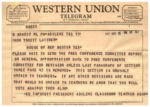 [Telegram from Ed Tapscott to Truett Latimer, May 15, 1957]