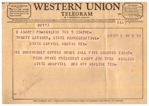 [Telegram from Rema Price to Truett Latimer, March 5, 1957]