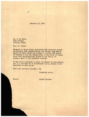 [Letter from Truett Latimer to A. E. Wells, February 15, 1955]