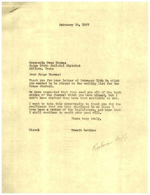 [Letter from Truett Latimer to Owen Thomas, February 18, 1957]