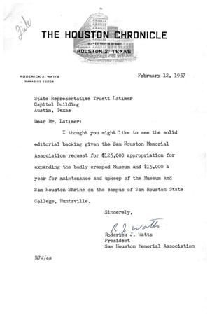 [Letter from Roderick J. Watts to Truett Latimer, February 12, 1957]