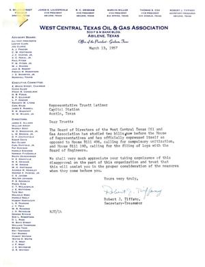 [Letter from Robert J. Tiffany to Truett Latimer, March 13, 1957]