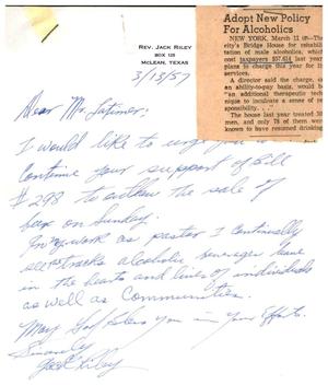 [Letter from Jack C. Riley to Truett Latimer, March 13, 1957]
