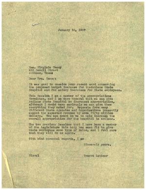 [Letter from Truett Latimer to Virginia Yancy, January 15, 1957]