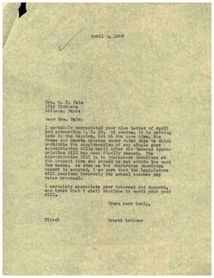 [Letter from Truett Latimer to W. P. Palm, April 3, 1957]