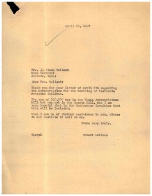 [Letter from Truett Latimer to Mrs. J. Glenn Tellant, April 10, 1957]