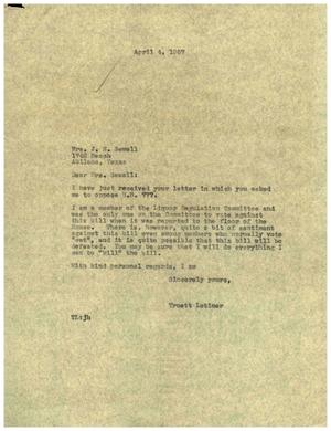[Letter from Truett Latimer to Mrs. J. N. Sewell, April 4, 1957]
