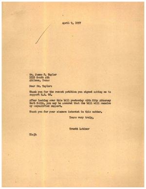 [Letter from Truett Latimer to James S. Taylor, April 9, 1957