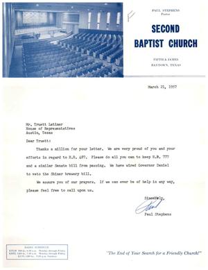 [Letter from Paul Stephens to Truett Latimer, March 21, 1957]