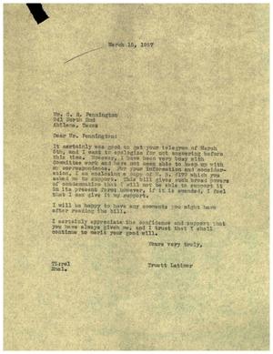 [Letter from Truett Latimer to C. R. Pennington, March 15, 1957]